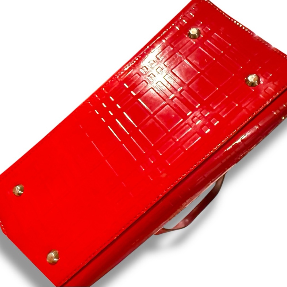 Authentic Burberry Red Patent Leather Embossed Check Design  Tote Bag - Picture 5 of 14